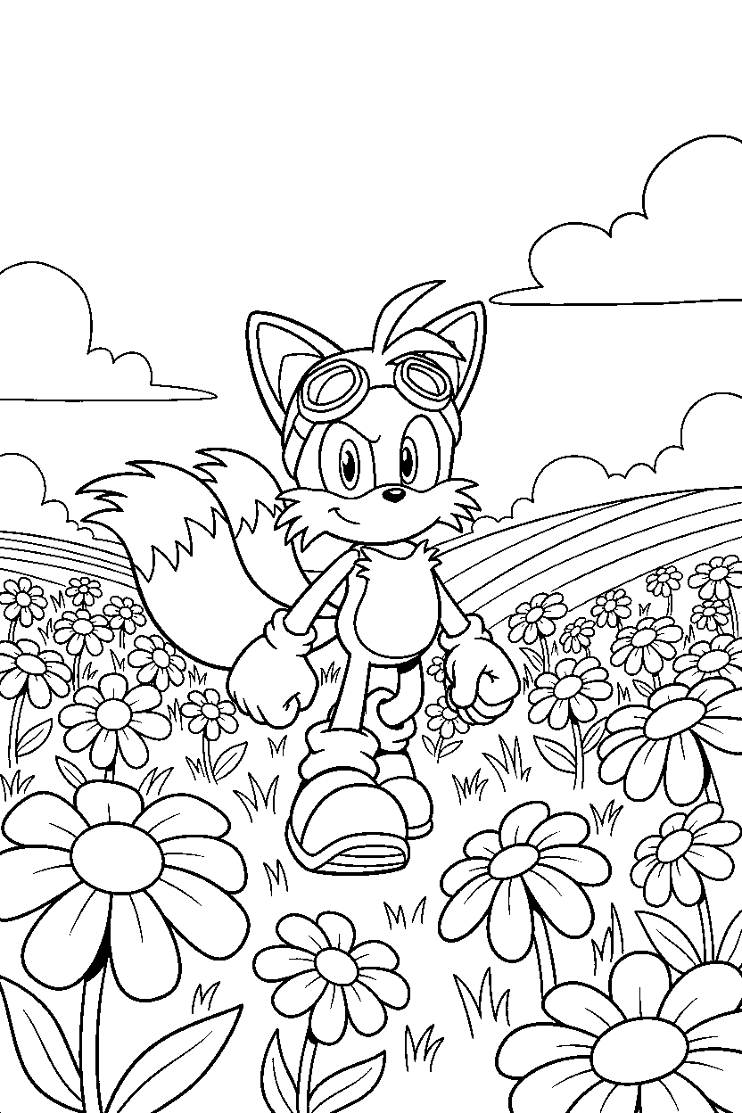 sonic tails walking proudly in a flower field line art