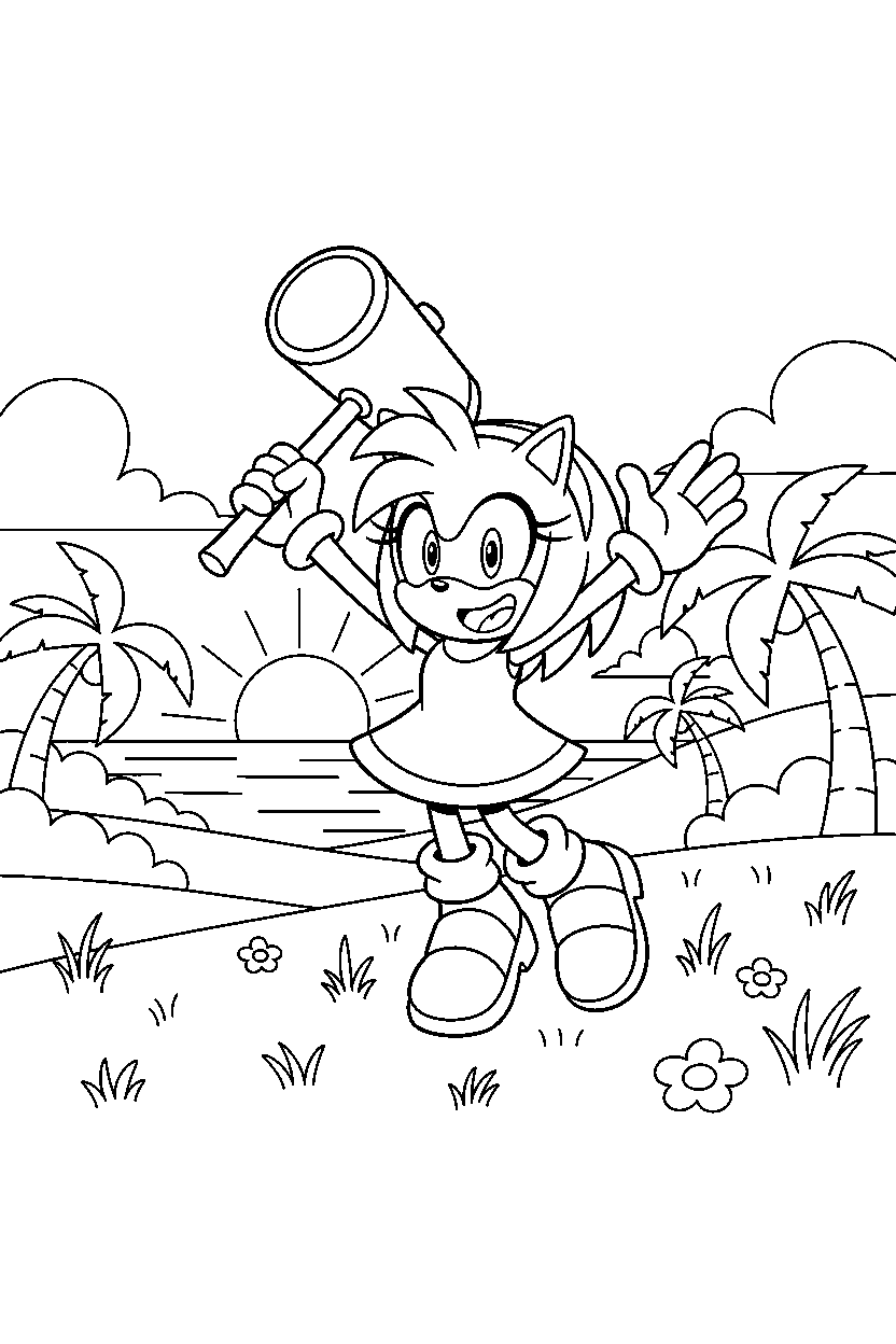 amy rose from sonic the hedgehog series celebrating happily in a bright coastal field line art