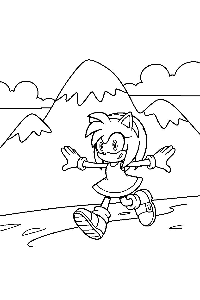 amy rose from sonic the hedgehog series exploring happily near a mountain line art