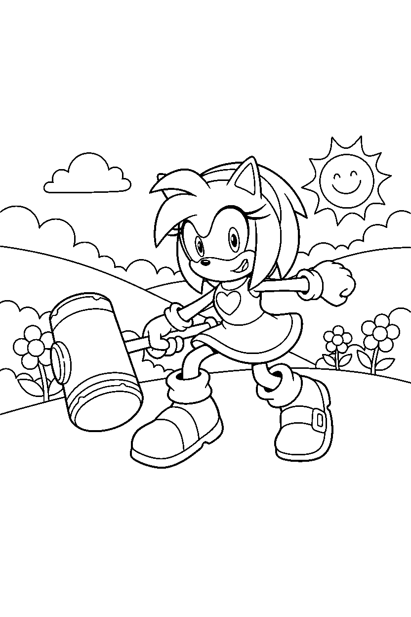 amy rose from sonic the hedgehog series getting ready to run in a cheerful valley line art