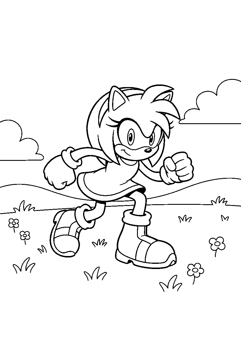amy rose from sonic the hedgehog series getting ready to run in a green meadow line art