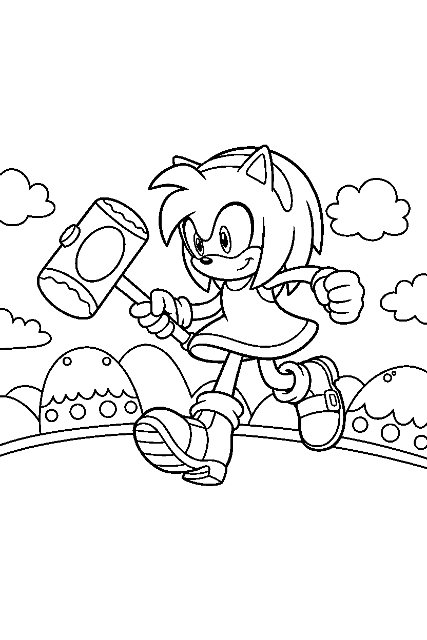 amy rose from sonic the hedgehog series getting ready to run near floating hills line art