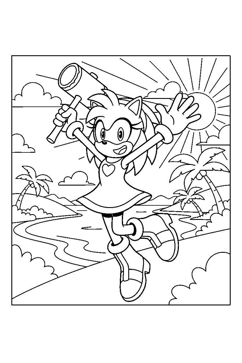 amy rose from sonic the hedgehog series jumping with joy in a warm coastal valley line art