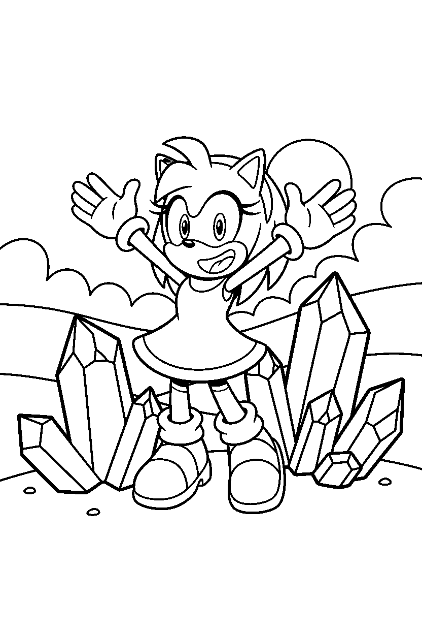 amy rose from sonic the hedgehog series looking excited near crystal rocks line art
