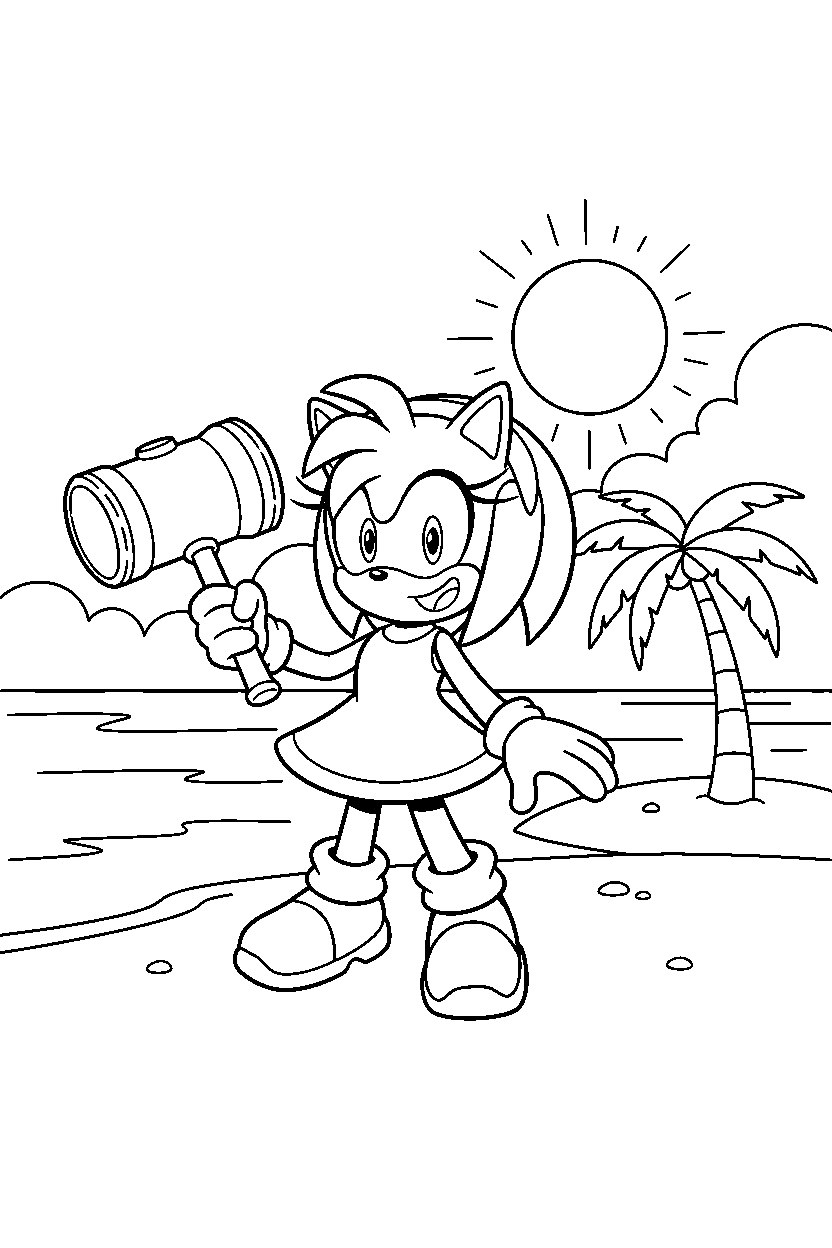 amy rose from sonic the hedgehog series looking happy near a peaceful shoreline line art