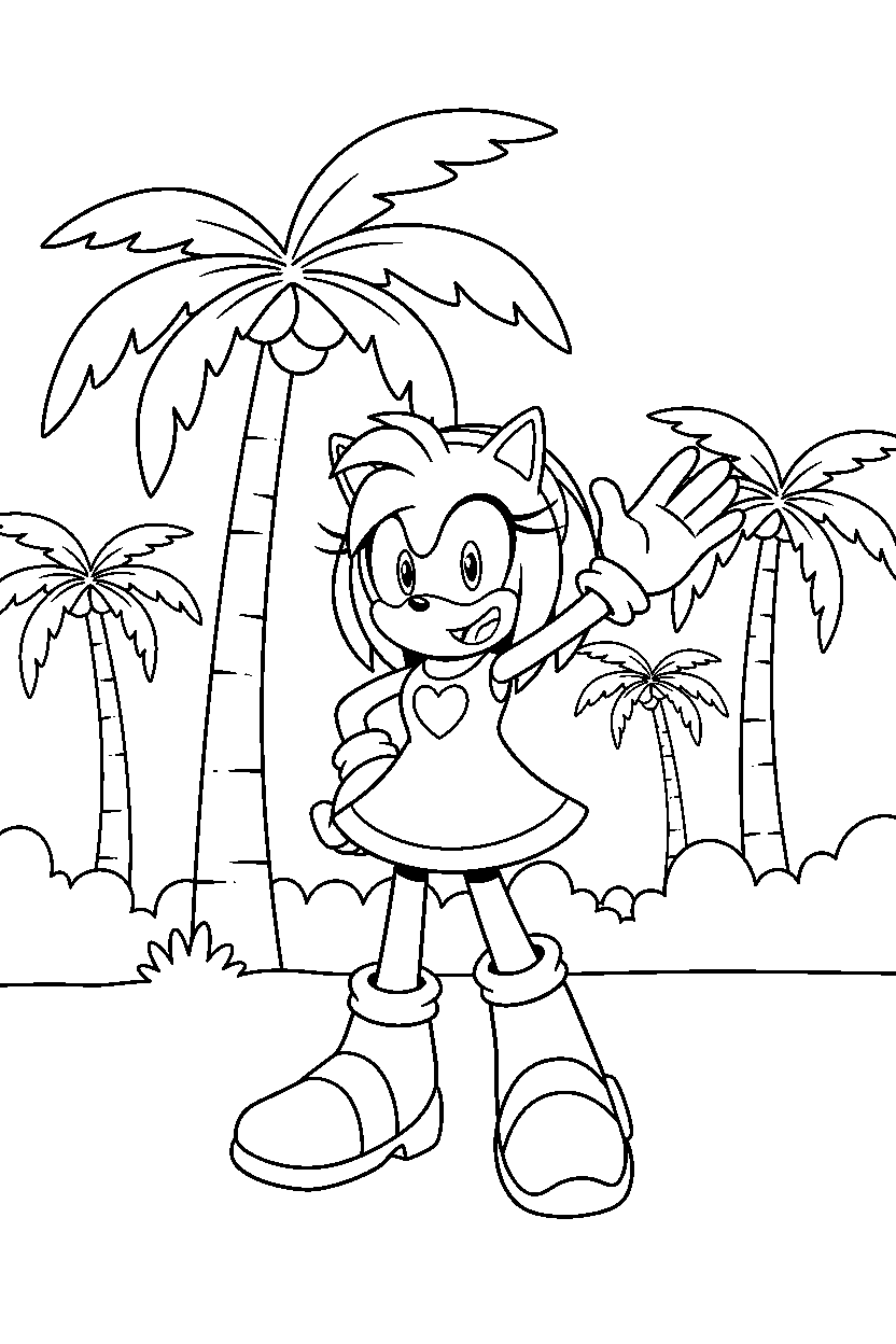 amy rose from sonic the hedgehog series posing happily in a palm forest line art