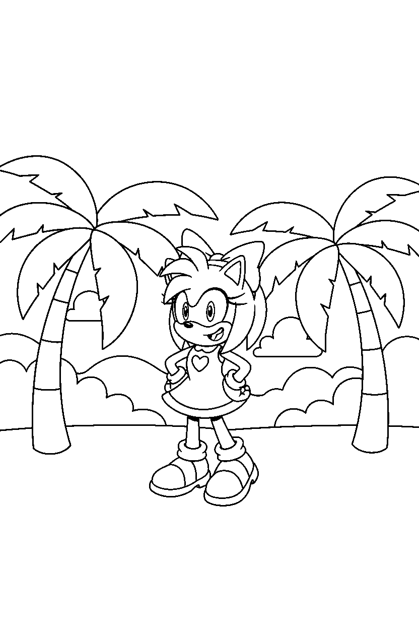 amy rose from sonic the hedgehog series posing happily in a palm valley line art