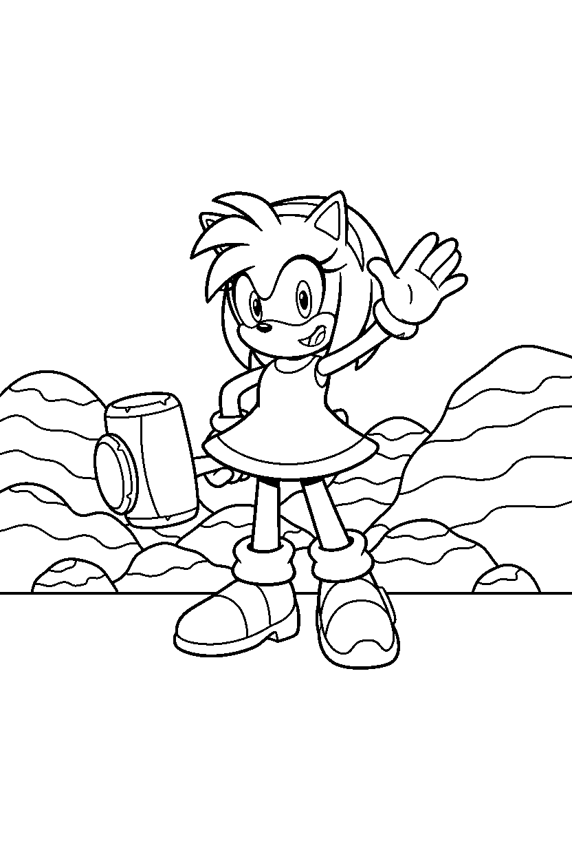 amy rose from sonic the hedgehog series posing happily near colorful rock hills line art