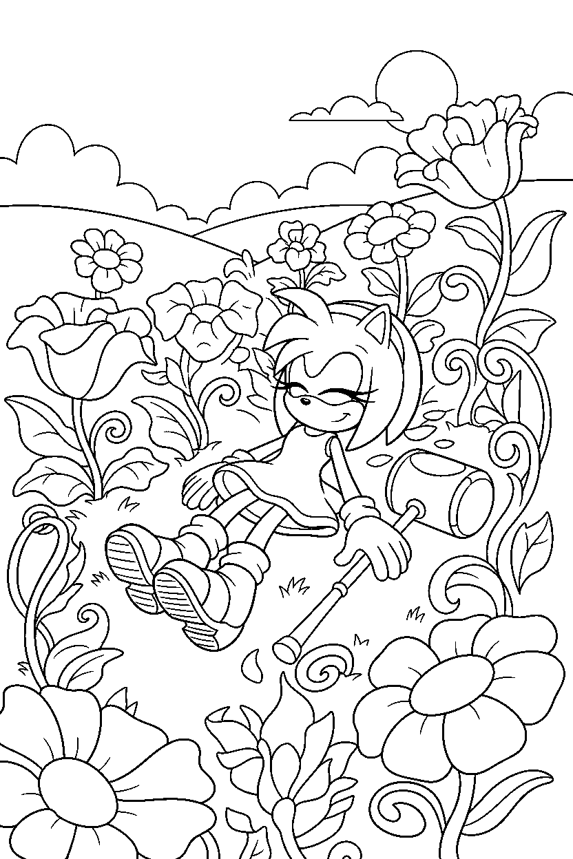 amy rose from sonic the hedgehog series relaxing peacefully in a flower valley line art