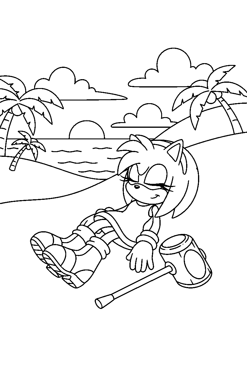 amy rose from sonic the hedgehog series relaxing peacefully in a warm coastal valley line art