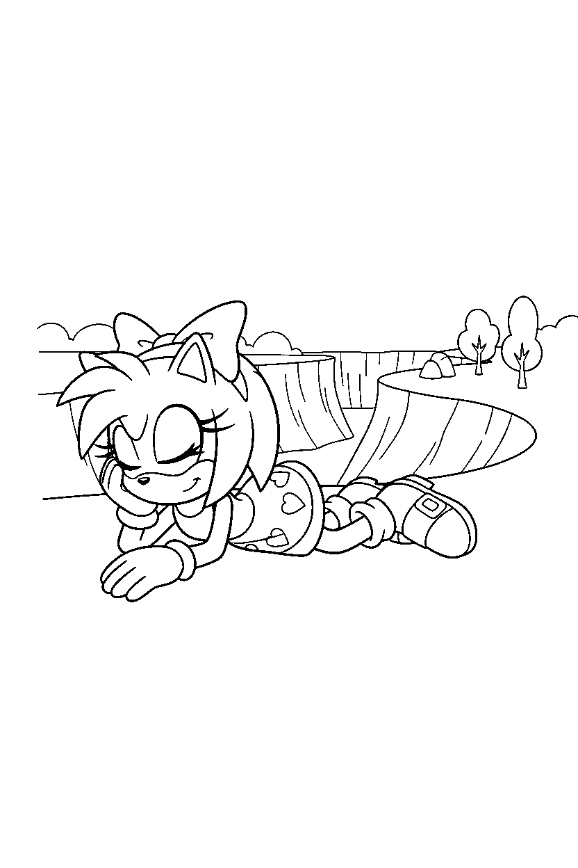 amy rose from sonic the hedgehog series resting peacefully near a green canyon line art