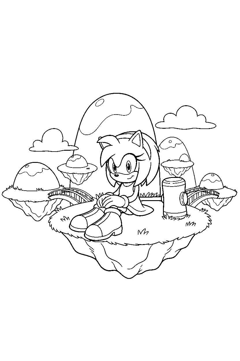 amy rose from sonic the hedgehog series sitting peacefully near floating hills line art