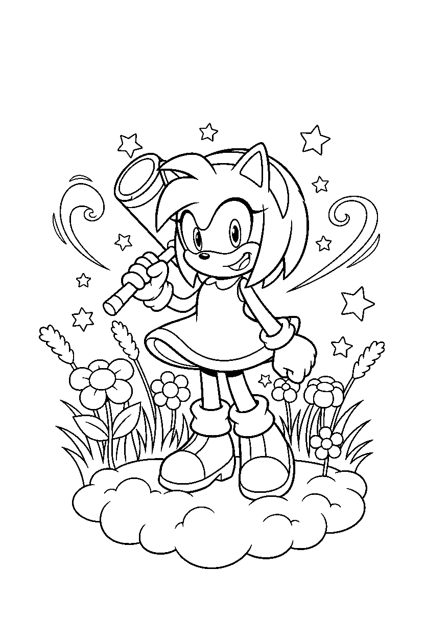 amy rose from sonic the hedgehog series smiling happily in a sky meadow line art