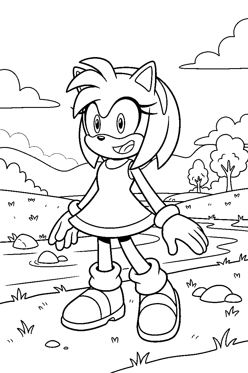 amy rose from sonic the hedgehog series smiling happily near a peaceful riverbank line art