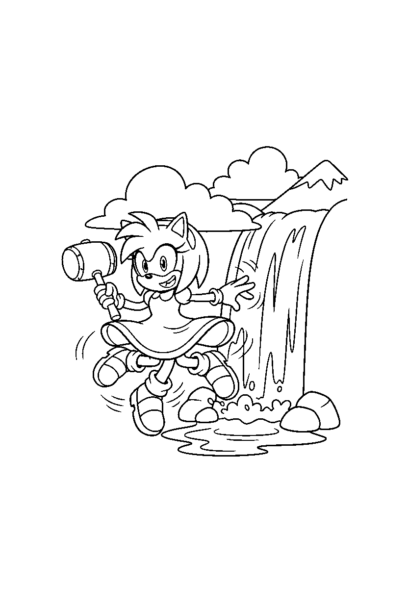 amy rose from sonic the hedgehog series spinning happily near a waterfall line art