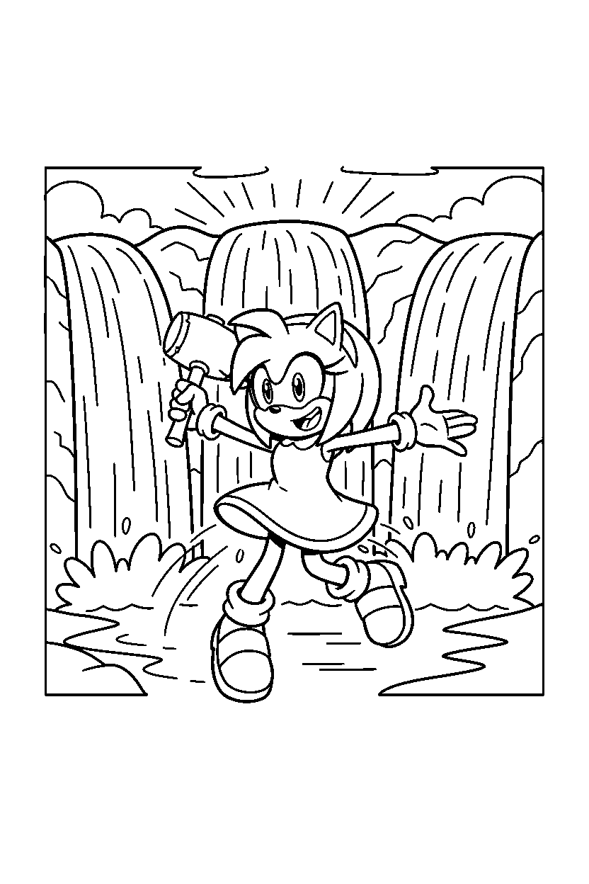 amy rose from sonic the hedgehog series spinning happily near shining waterfalls line art