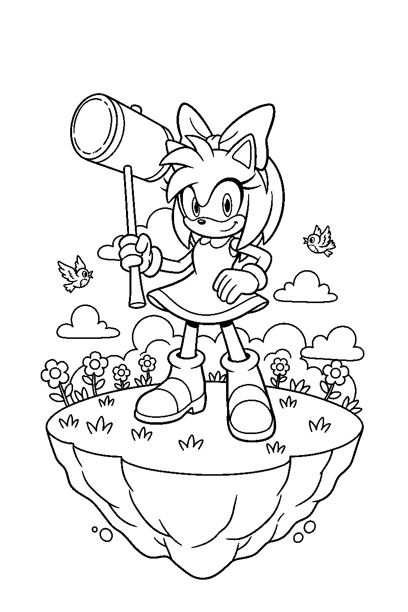 amy rose from sonic the hedgehog series standing bravely in a sky meadow line art
