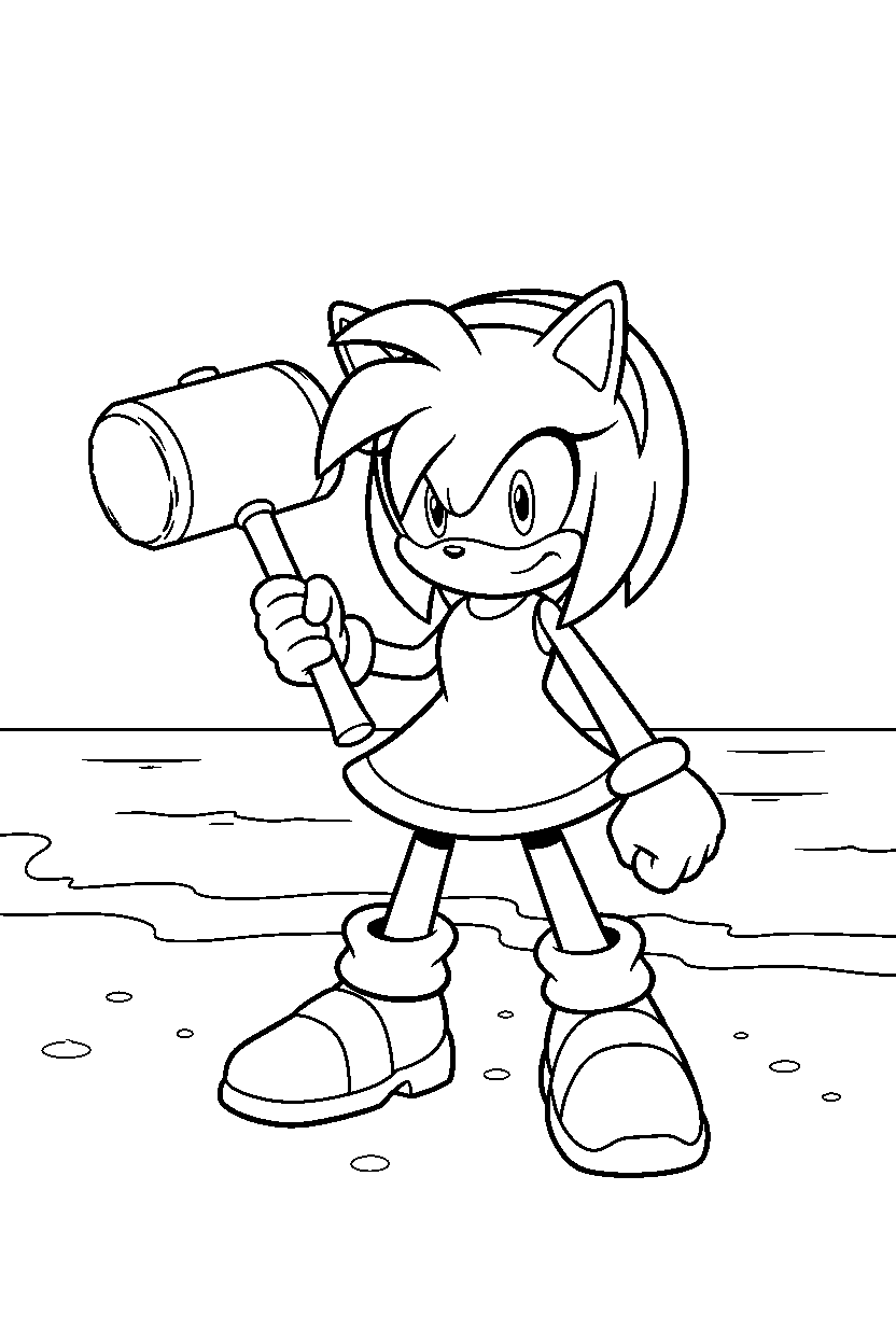 amy rose from sonic the hedgehog series standing bravely on a sandy shore line art