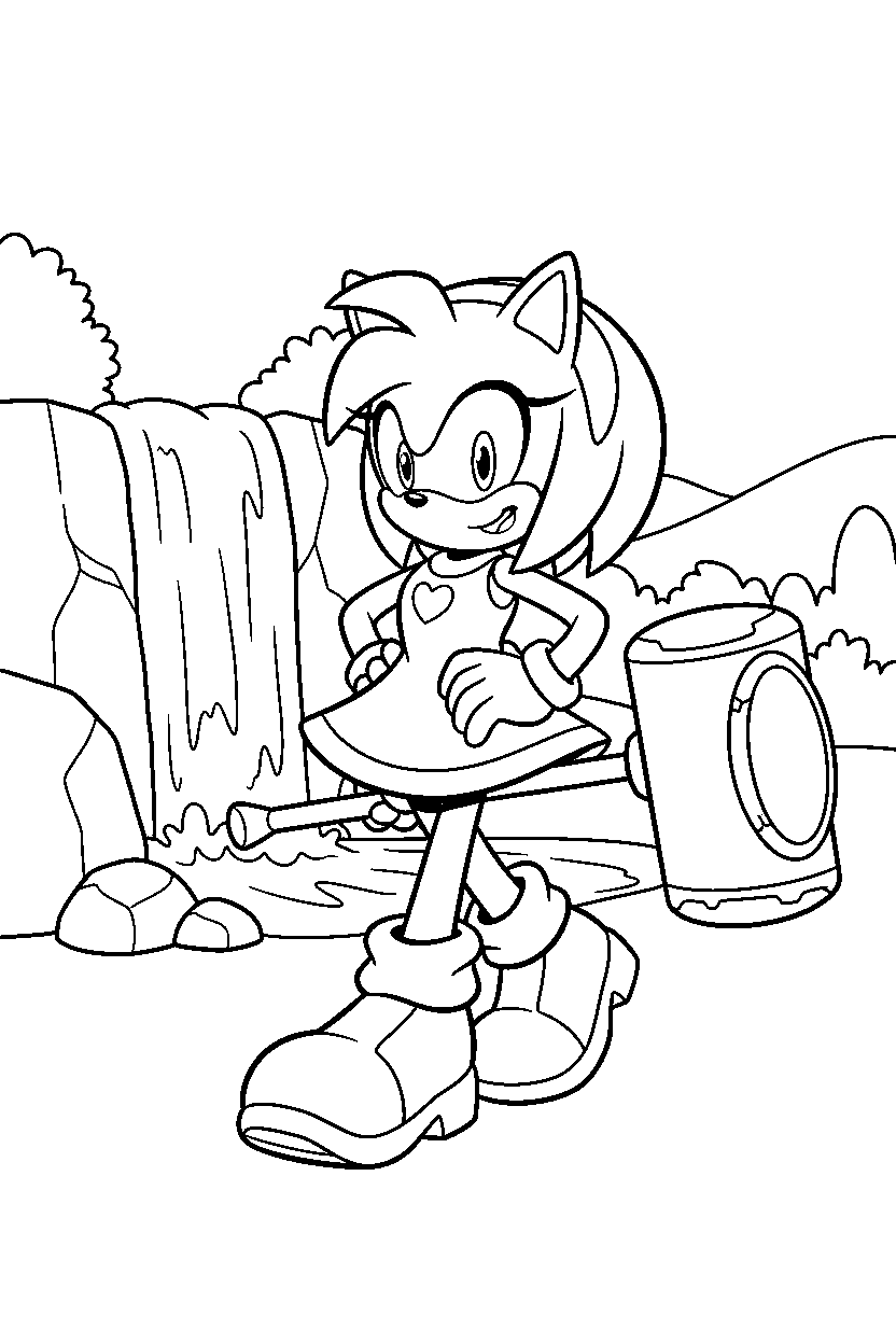 amy rose from sonic the hedgehog series walking proudly near a waterfall line art
