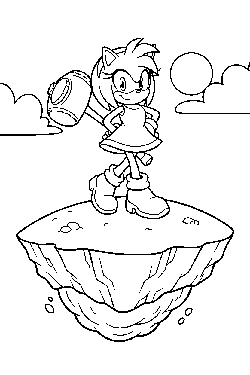amy rose from sonic the hedgehog series walking proudly on a floating hilltop line art