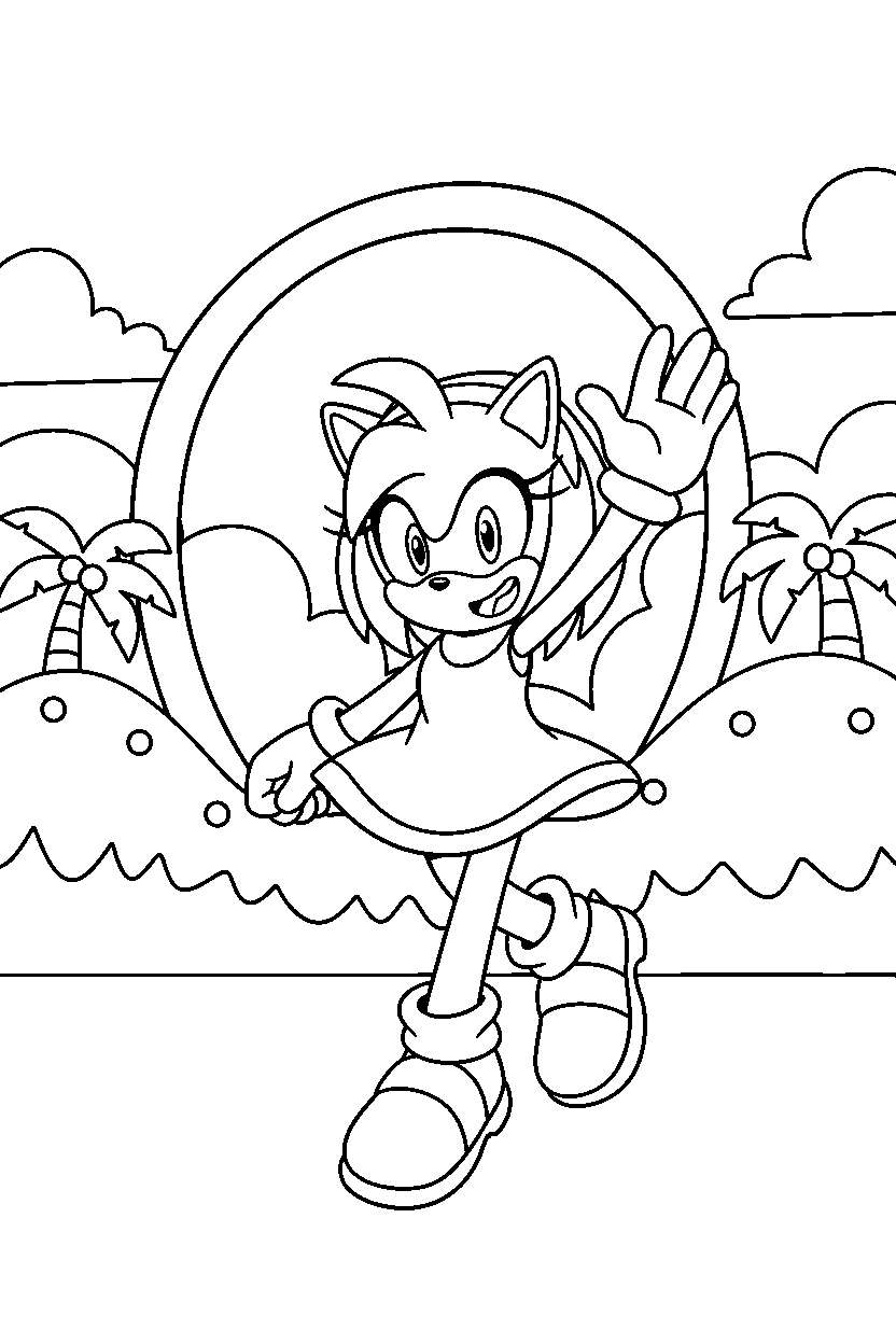 amy rose from sonic the hedgehog series waving happily on a loop valley line art