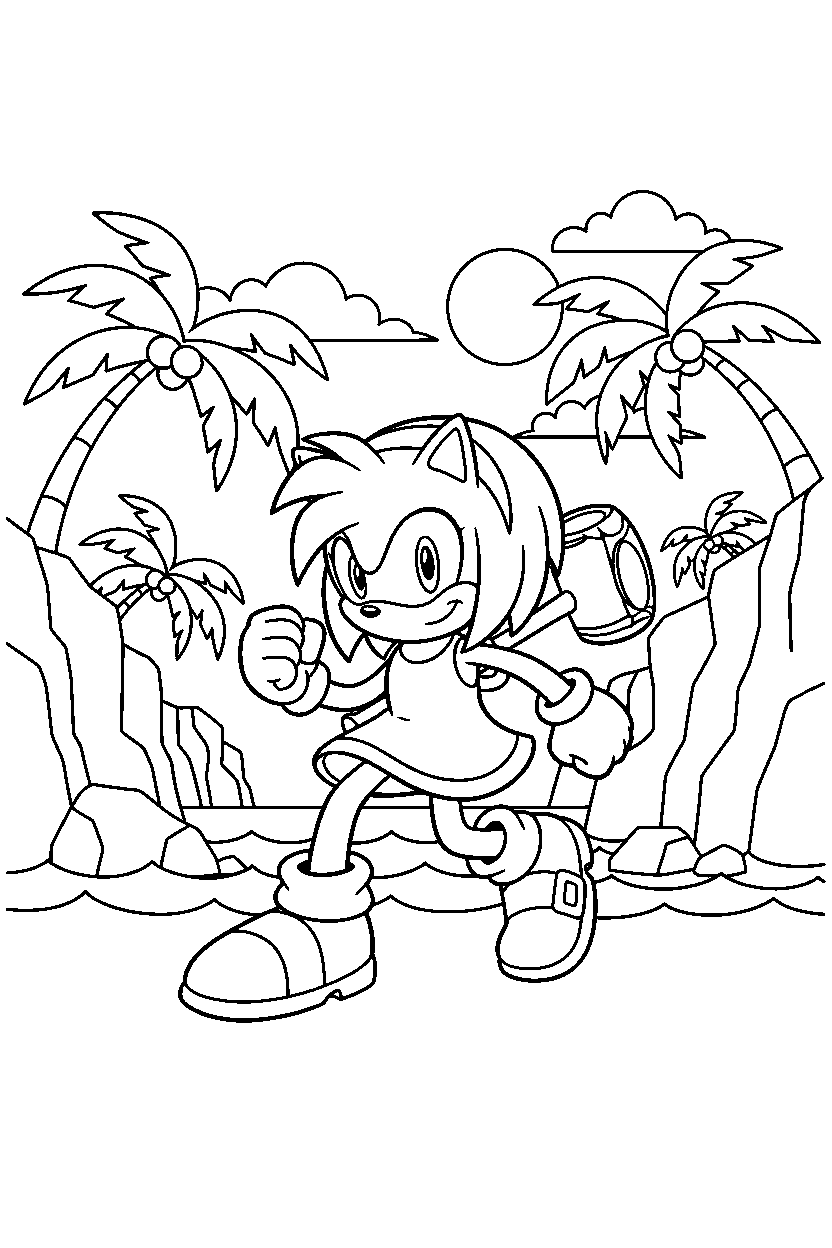amy rose getting ready to run near tropical cliffs line art
