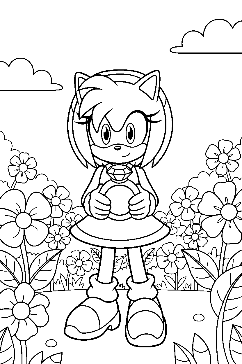 amy rose holding a ring in a flower field line art