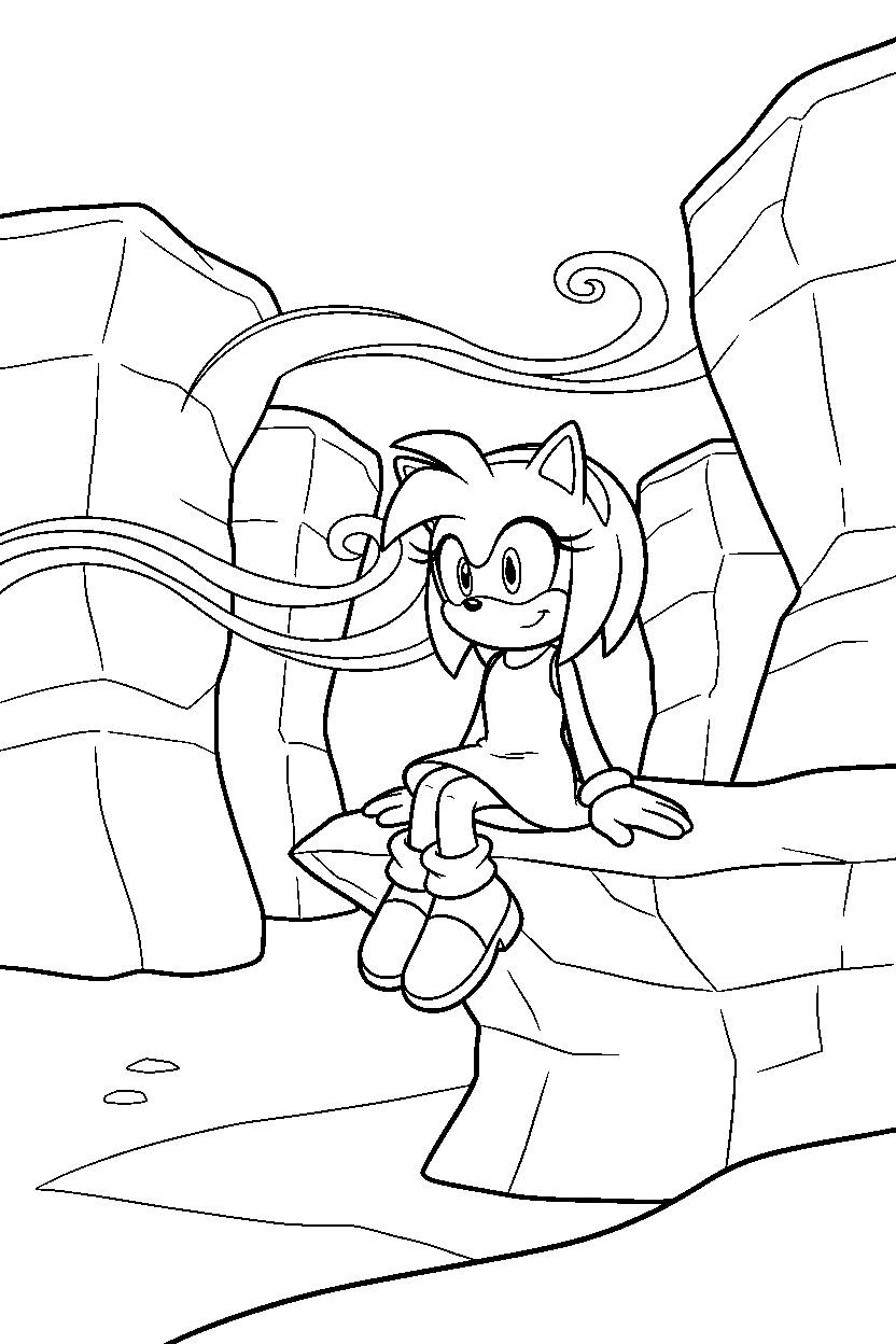 amy rose sitting peacefully in a windy canyon line art