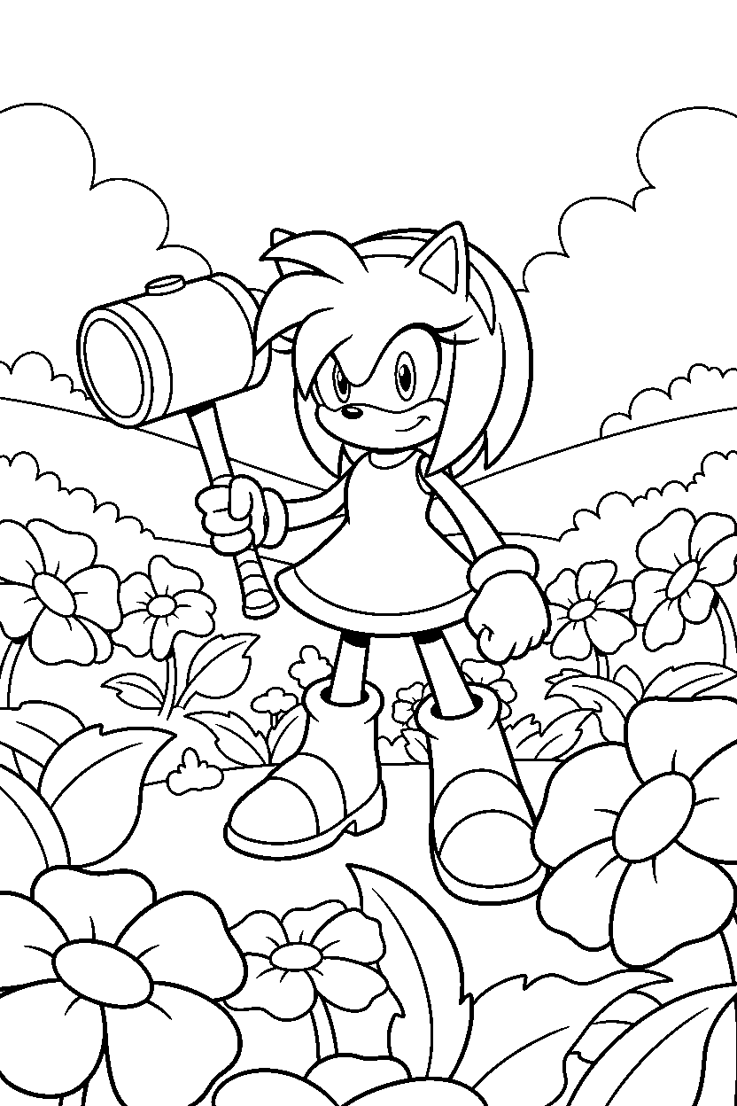 amy rose standing bravely in a flower valley line art