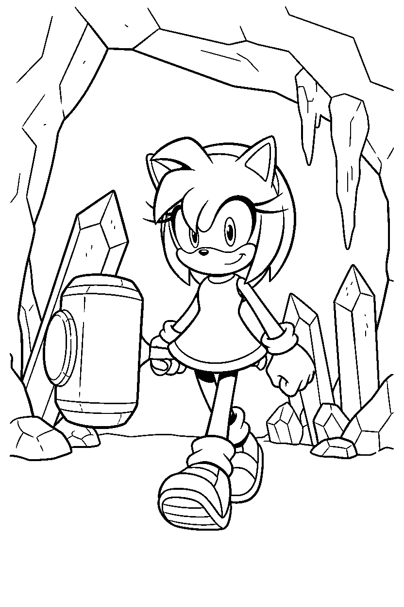 amy rose walking proudly inside a crystal cave line art