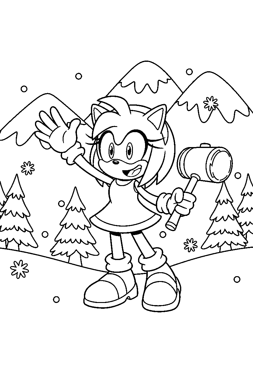 amy rose waving happily in a snowy mountain zone line art