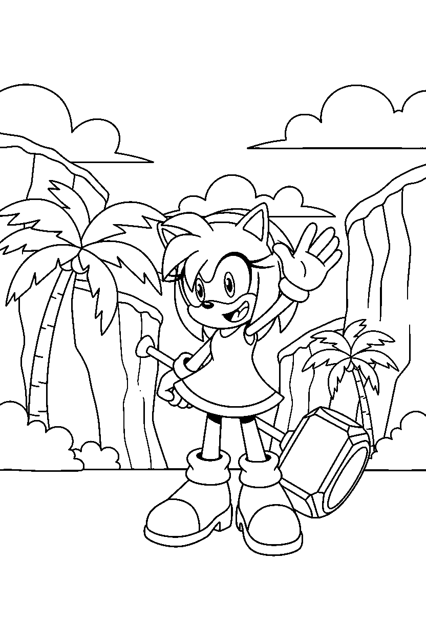 amy rose waving happily near tropical cliffs line art