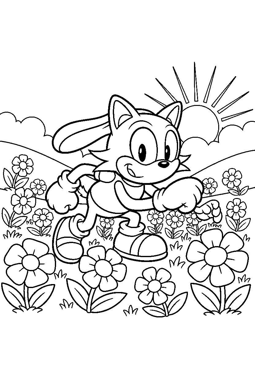 big the cat from sonic the hedgehog series getting ready to run in a flower field line art