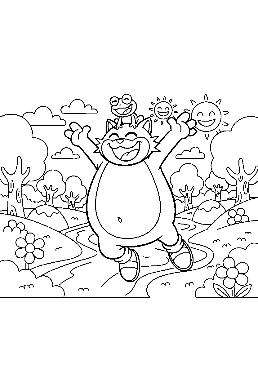 big the cat from sonic the hedgehog series jumping with joy in a colorful valley line art