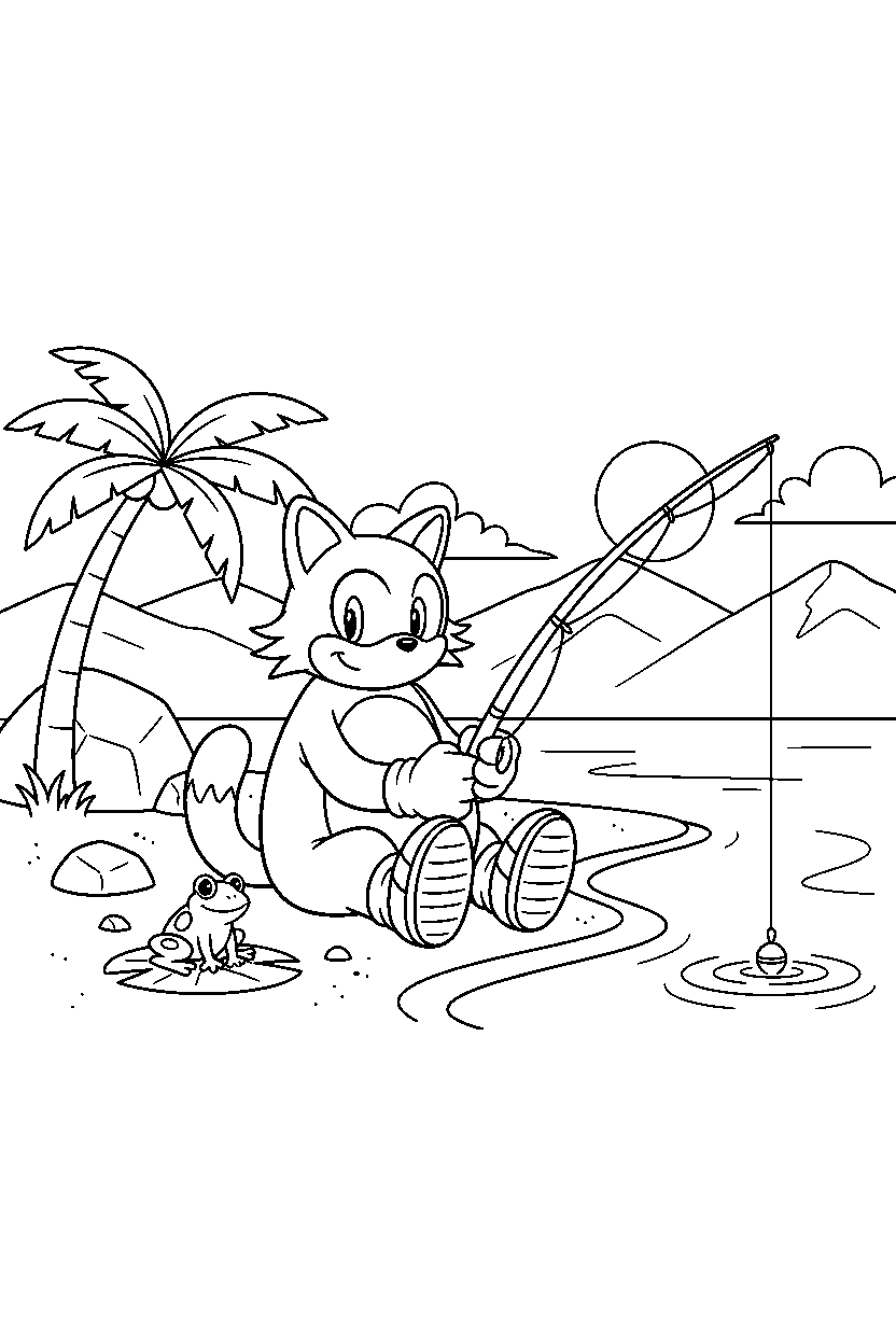 big the cat from sonic the hedgehog series sitting peacefully near a peaceful shoreline line art