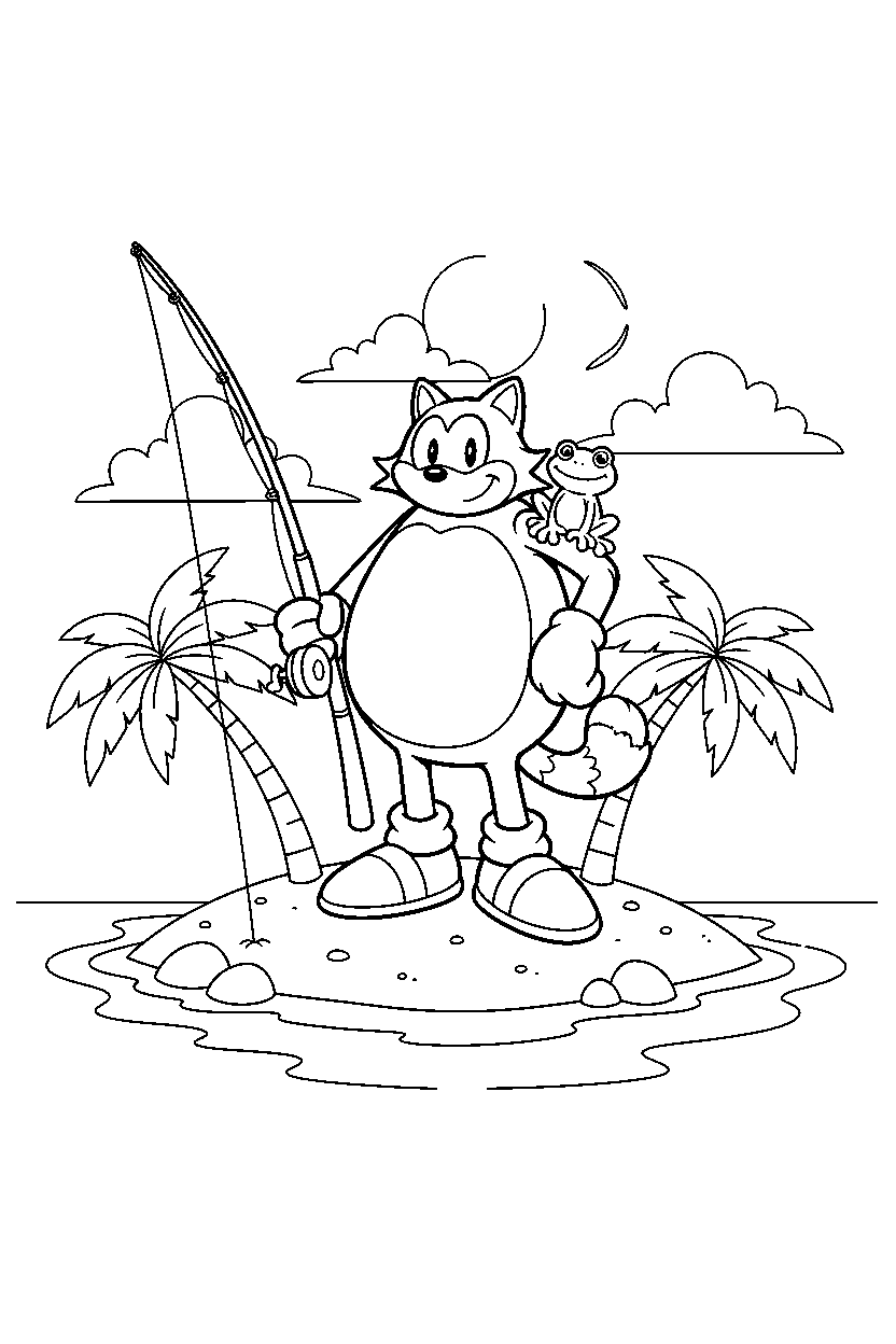big the cat from sonic the hedgehog series standing bravely on a peaceful island line art