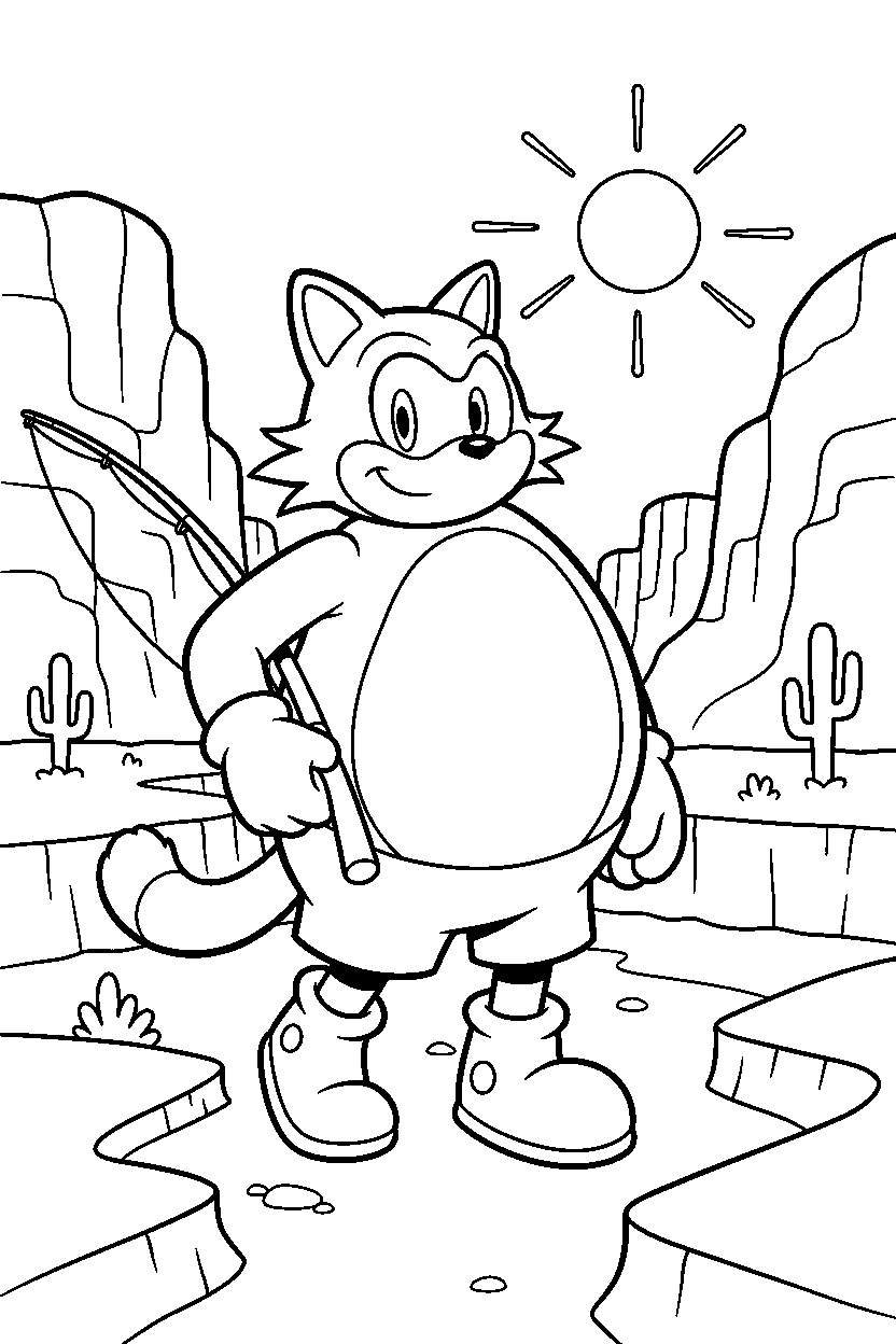 big the cat from sonic the hedgehog series walking proudly in a peaceful canyon line art