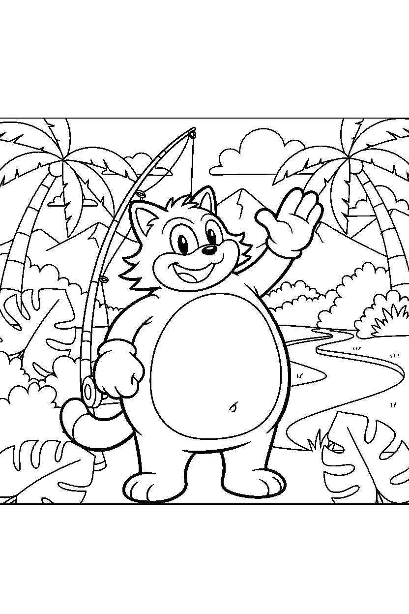 big the cat from sonic the hedgehog series waving happily in a jungle valley line art