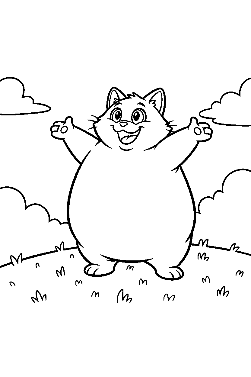 big the cat looking happy on a grassy hill line art