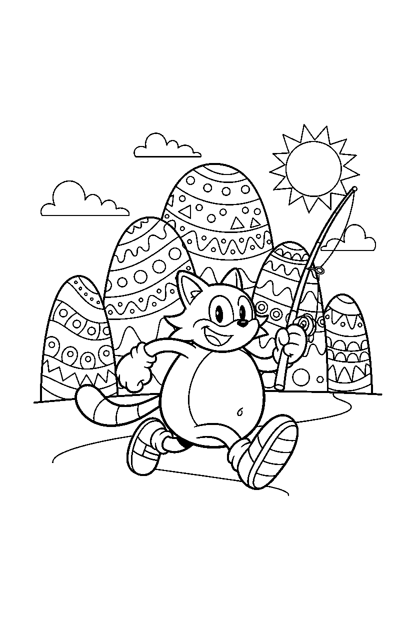 big the cat running happily near colorful rock hills line art