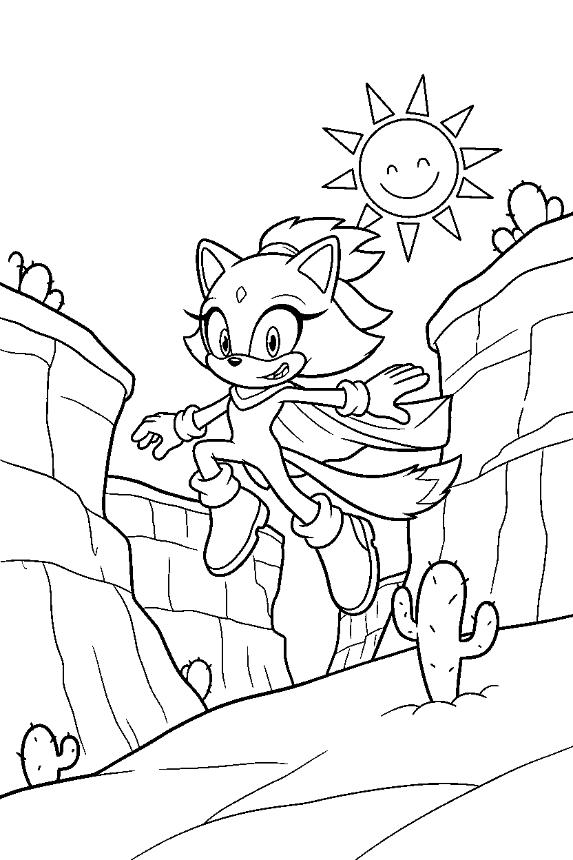 blaze the cat from sonic the hedgehog series exploring happily near bright cliffs line art