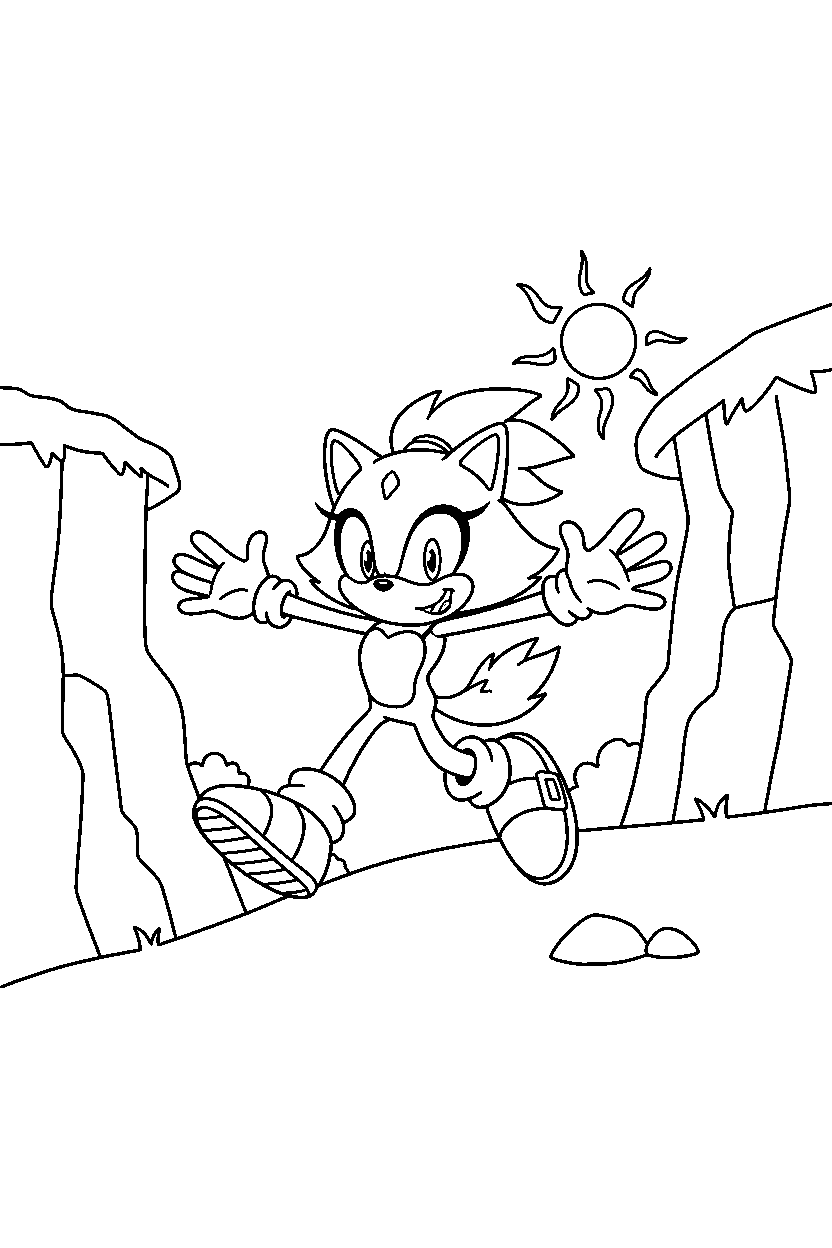 blaze the cat from sonic the hedgehog series exploring happily near sunny cliffs line art