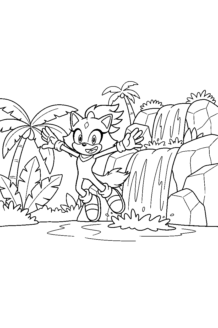 blaze the cat from sonic the hedgehog series jumping happily near jungle waterfalls line art
