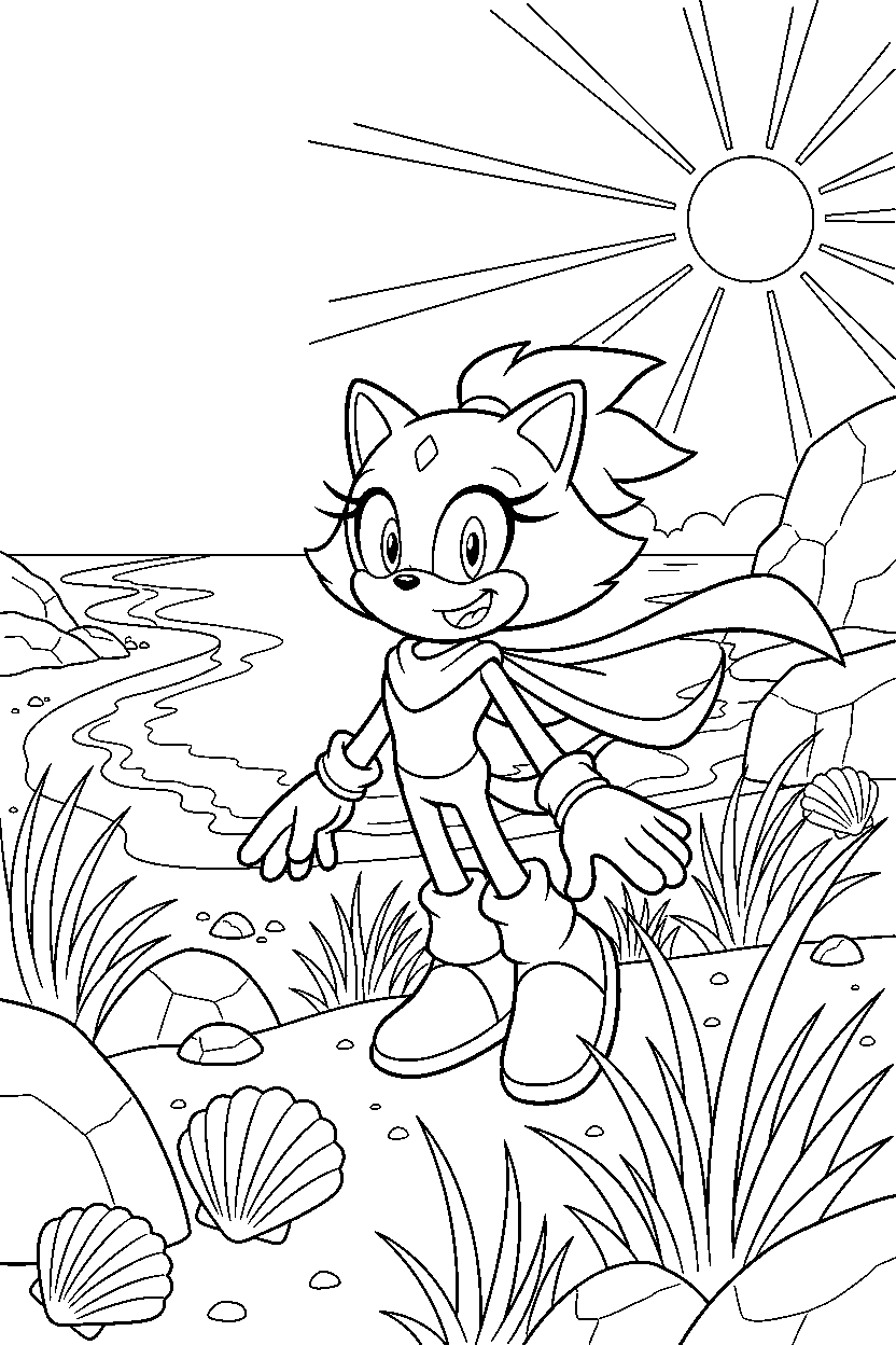 blaze the cat from sonic the hedgehog series looking happy in a bright coastal field line art