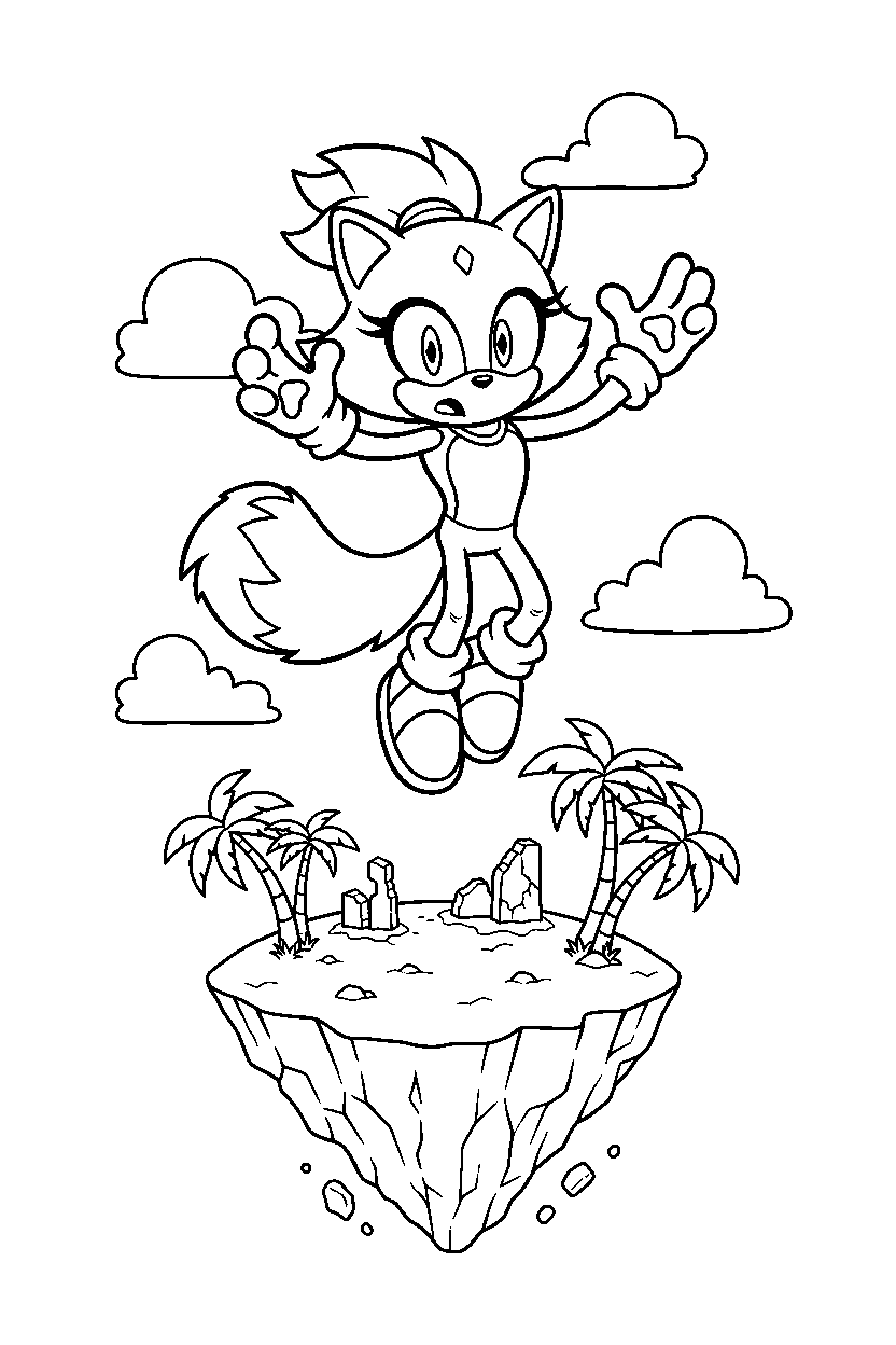 blaze the cat from sonic the hedgehog series looking surprised on a floating island line art