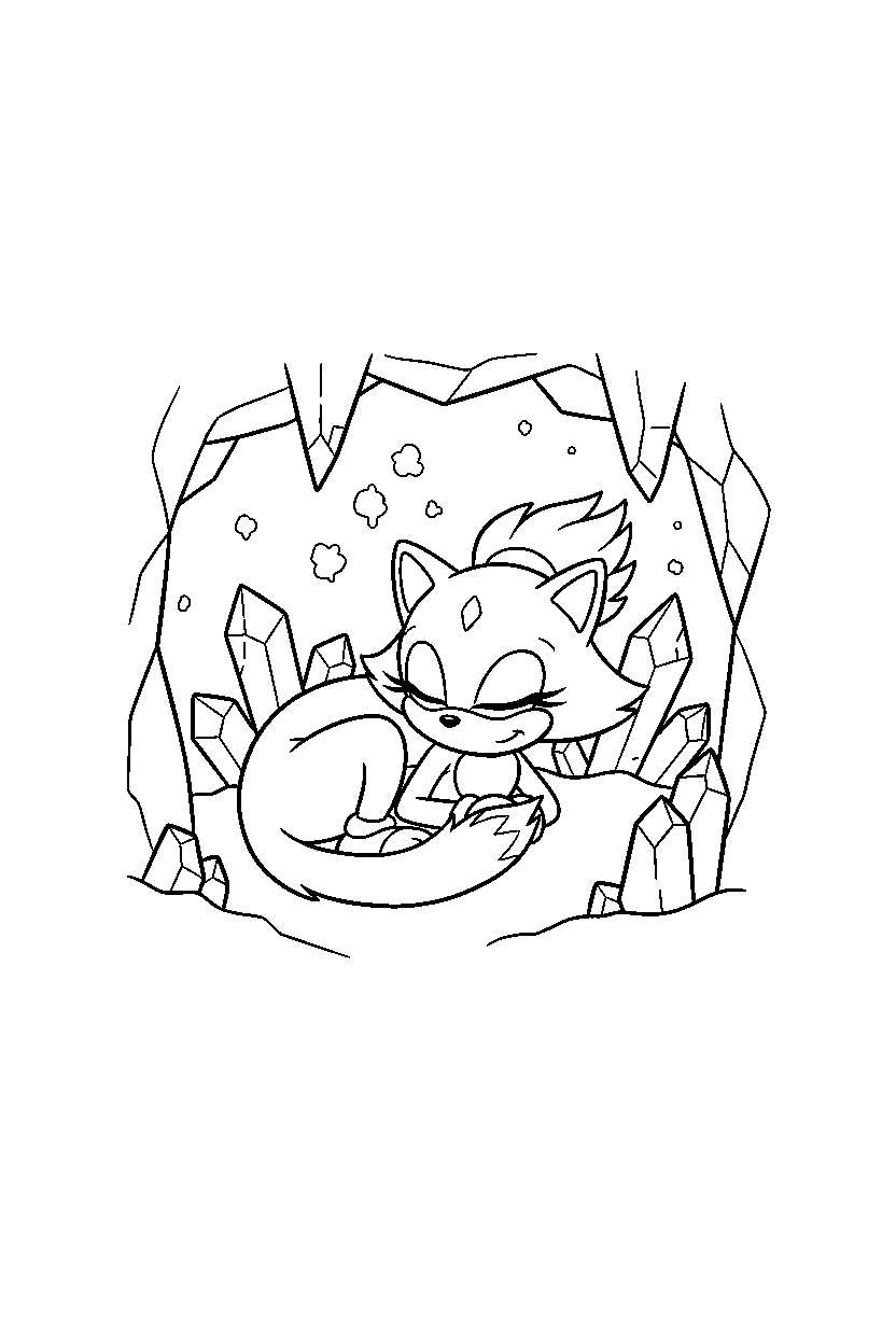 blaze the cat from sonic the hedgehog series resting peacefully in a crystal cave line art