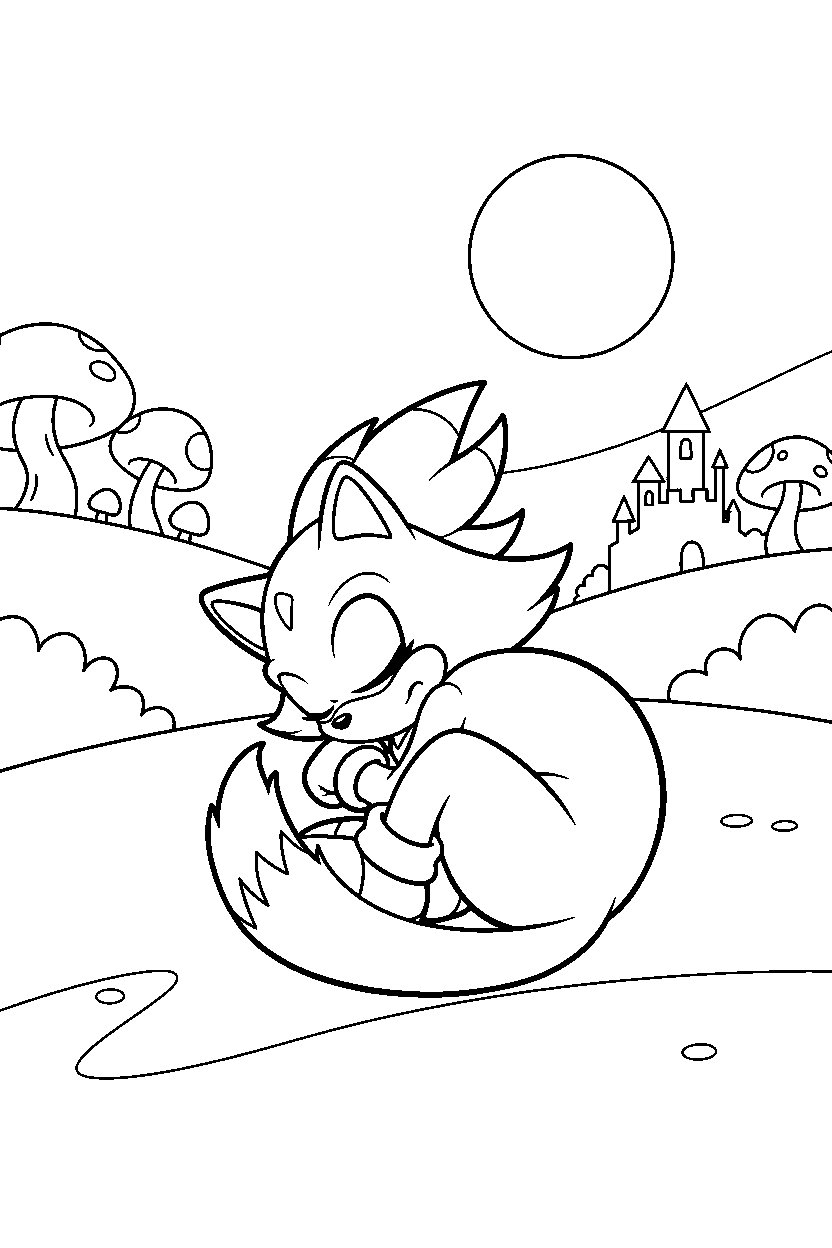 blaze the cat from sonic the hedgehog series resting peacefully in a fantasy valley line art