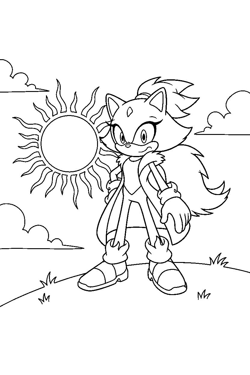 blaze the cat from sonic the hedgehog series standing bravely on a sunny hill line art