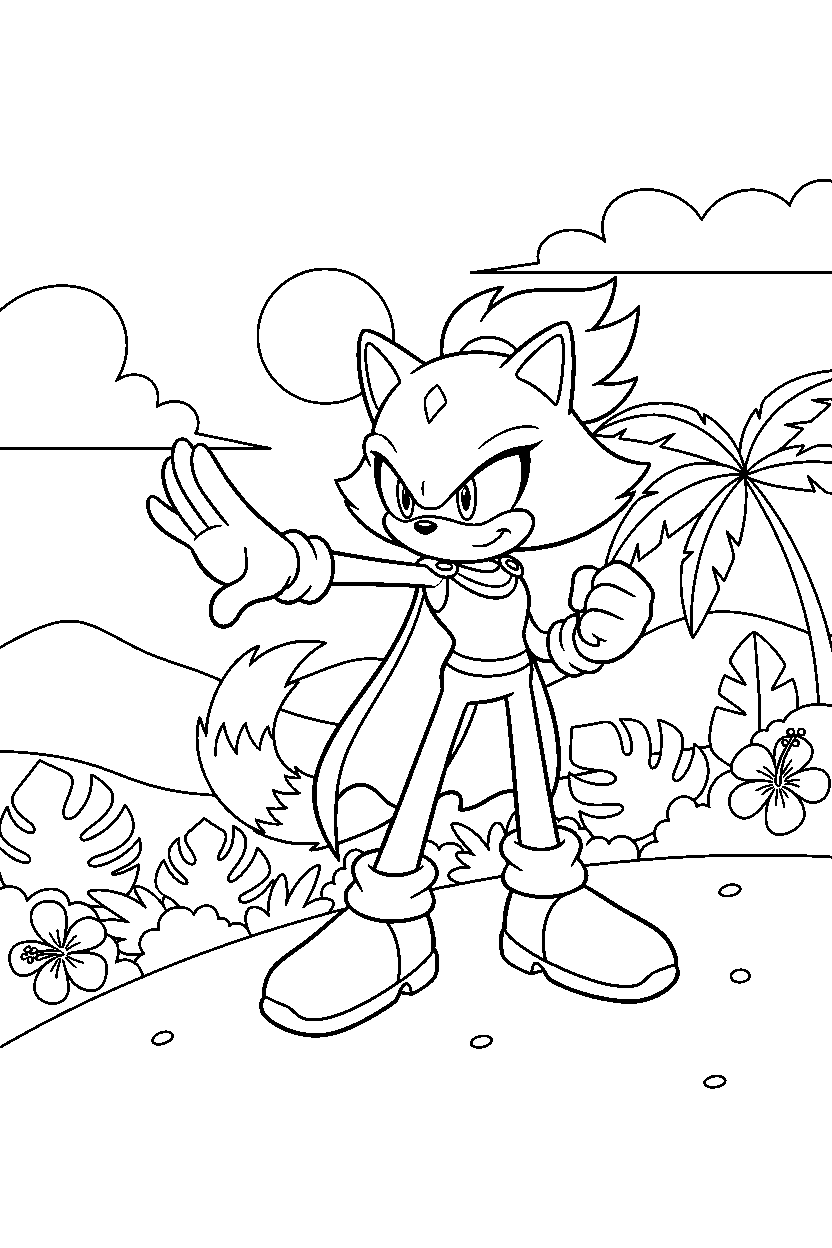 blaze the cat from sonic the hedgehog series standing bravely on a tropical hillside line art