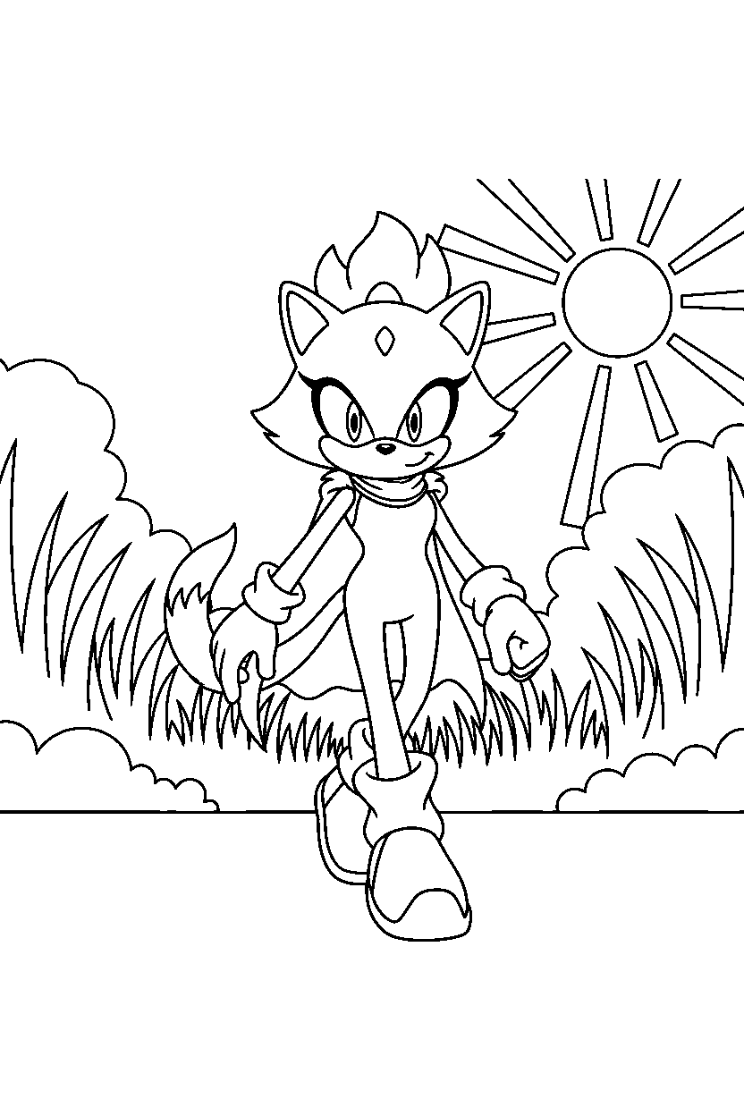 blaze the cat from sonic the hedgehog series walking proudly in a bright grass zone line art